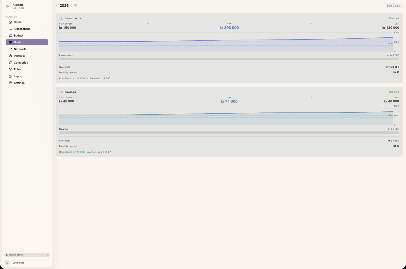 Goals page showing progress toward savings targets