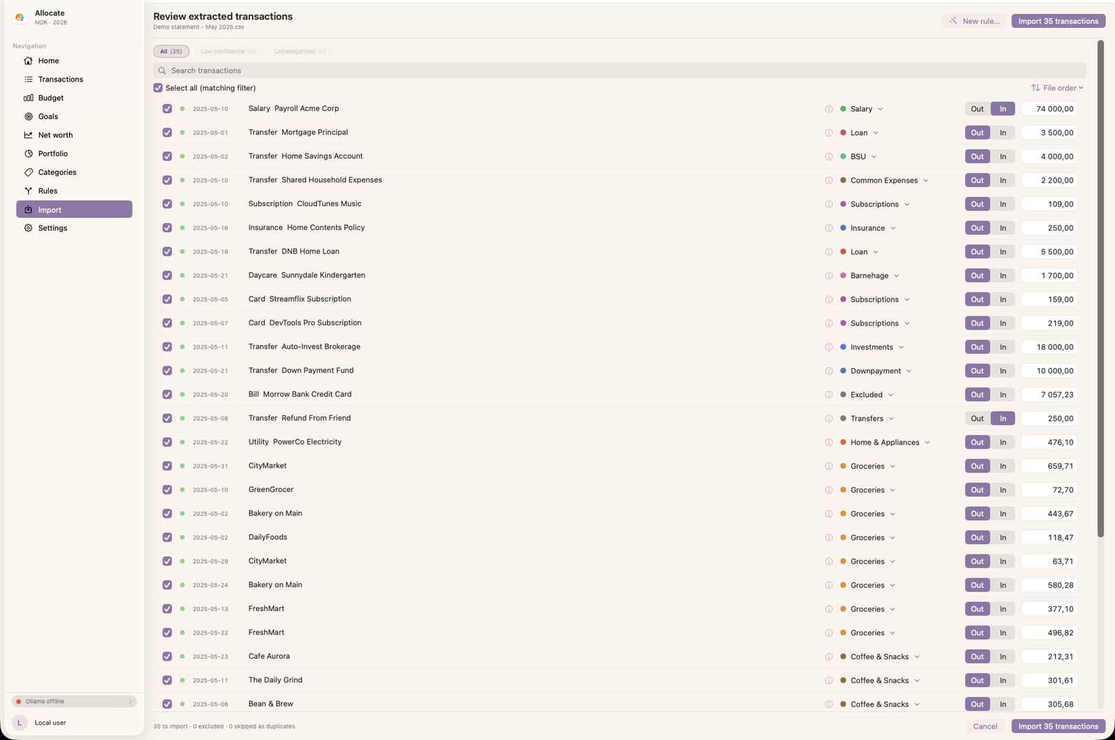 Import review screen with AI-categorized transactions